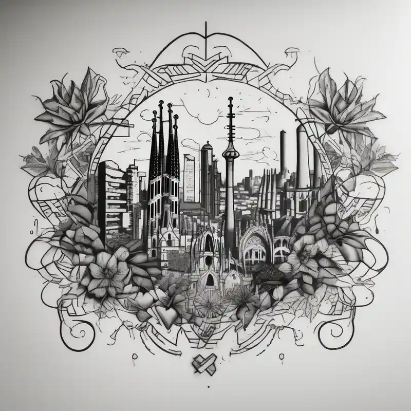 Barcelona cityscape, Spanish plants, leg sleeve half sleeve tattoos for men